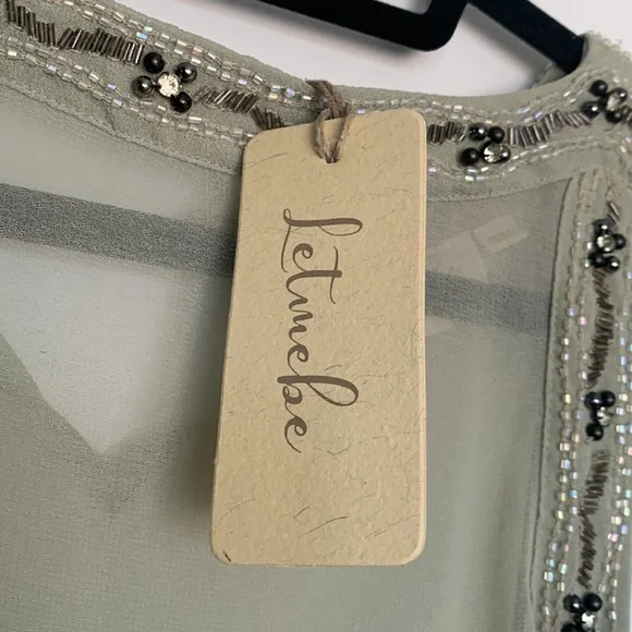 Anthropology let me be sheer beaded sage green side slits tunic small new - Picture 9 of 15